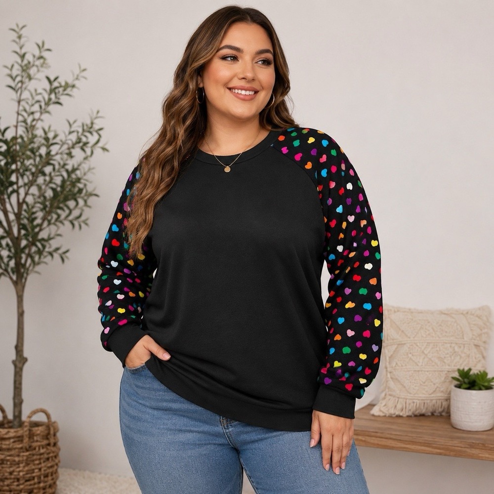 Women's 3XL Black Sweatshirt Rainbow Heart Print Raglan Sleeve Top Lounge‎ Comfy